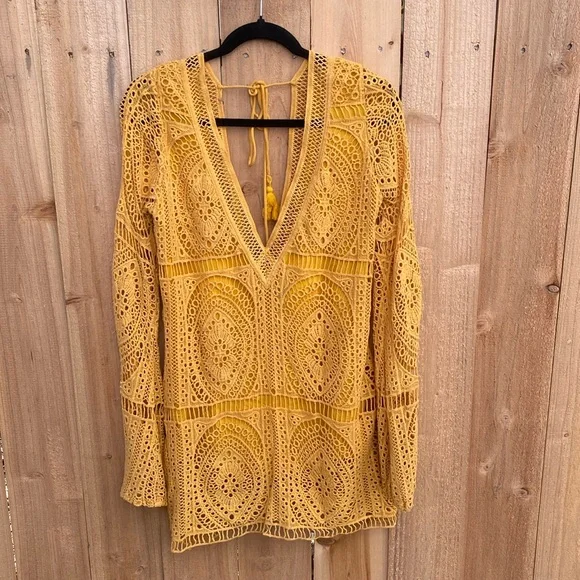 Jen's Pirate Booty Jasmine Crochet Mini Dress Small Yellow Orange Bell Sleeve - Picture 4 of 13